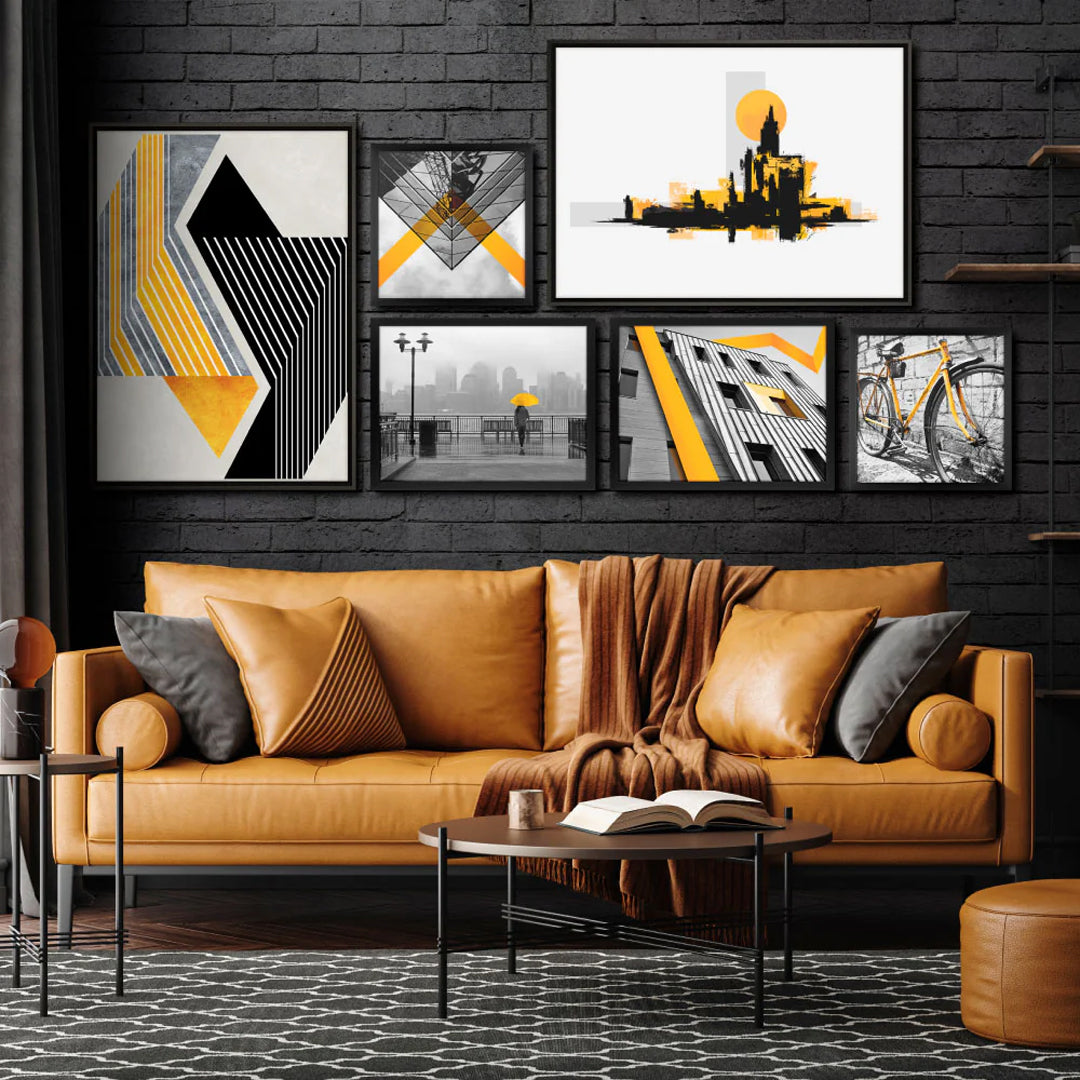 Quadro Preto e Amarelo com Vidro Moldura 3D Preta - Médio 50x70cm