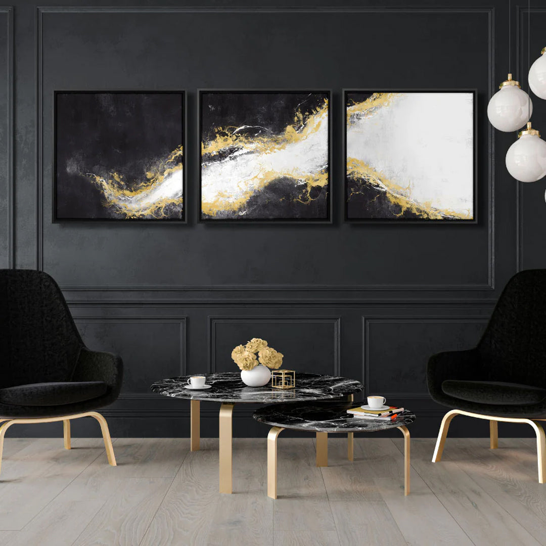 Quadro Abstrato Branco com Vidro Moldura 3D Preta - Médio 60x60cm