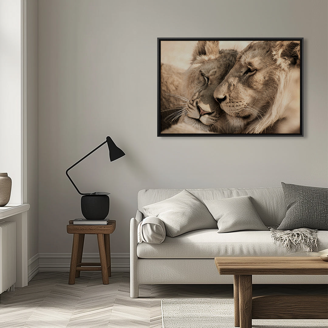 Quadro Casal Leão e Leoa Tela Fosca Moldura 3D Preta - Médio 90x60cm
