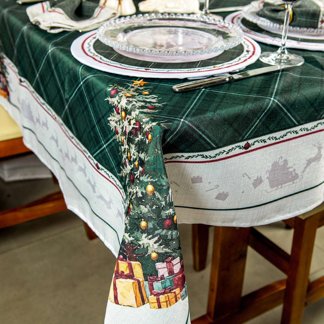Toalha de Mesa Retangular Presentes na Árvore de Natal 8 Lugares 140x270