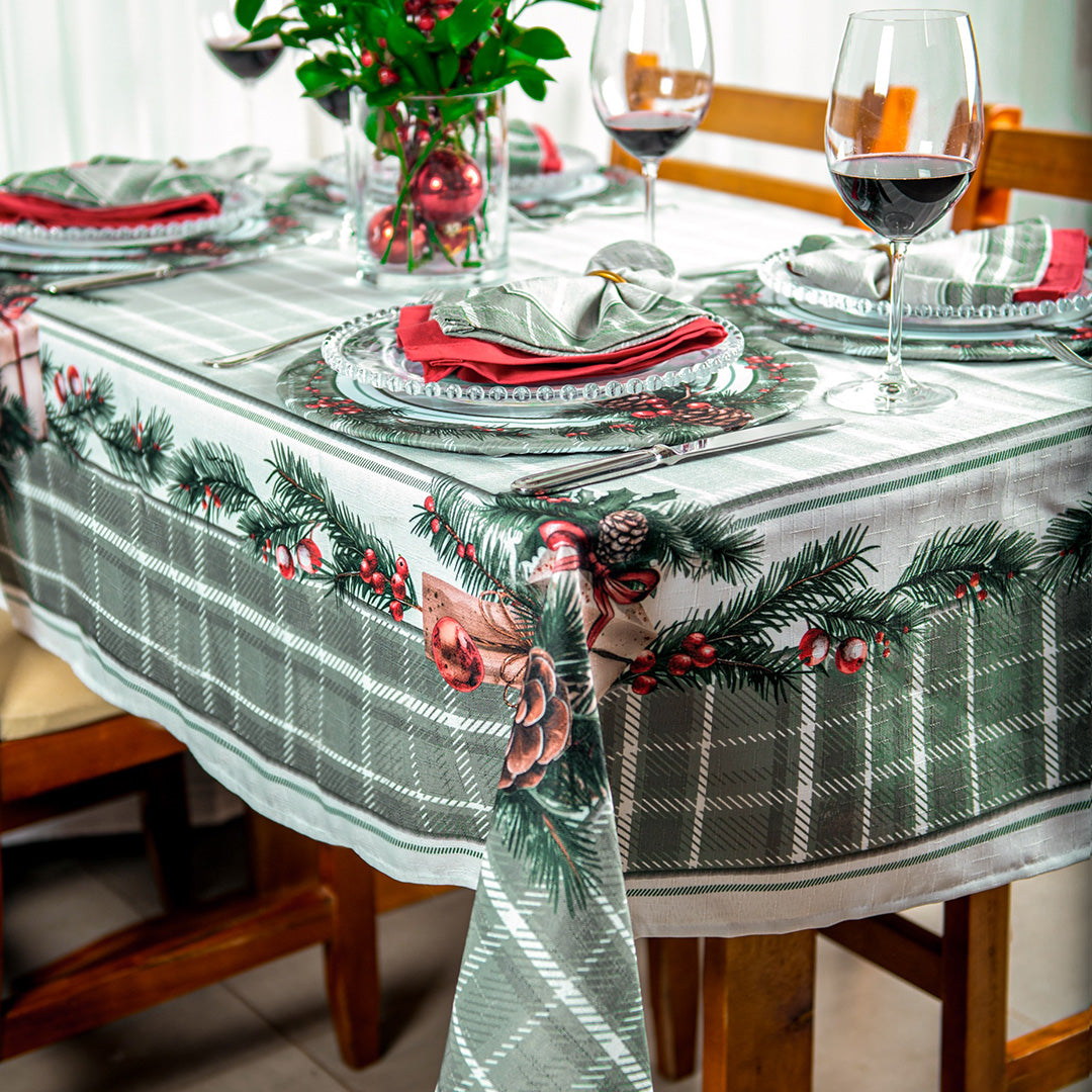 Toalha de Mesa Retangular Pinhas de Natal 8 Lugares 140x270
