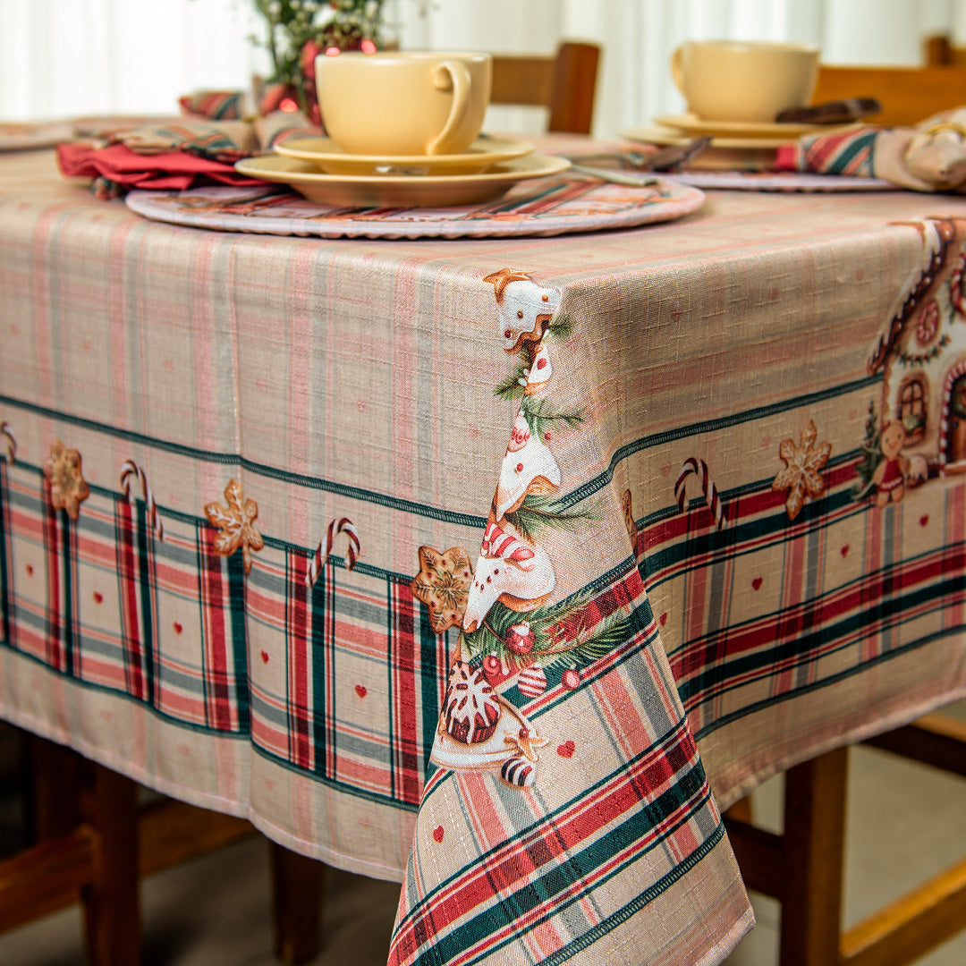 Toalha de Mesa Retangular Biscoitos Natalinos 8 Lugares 140x270