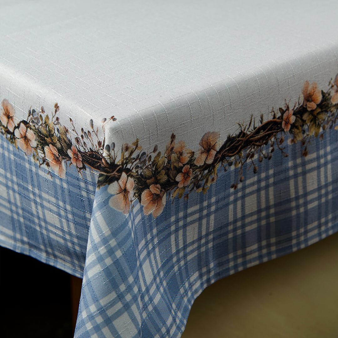Toalha de Mesa Retangular Ramos Flores Xadrez Azul 6 Lugares 140x220