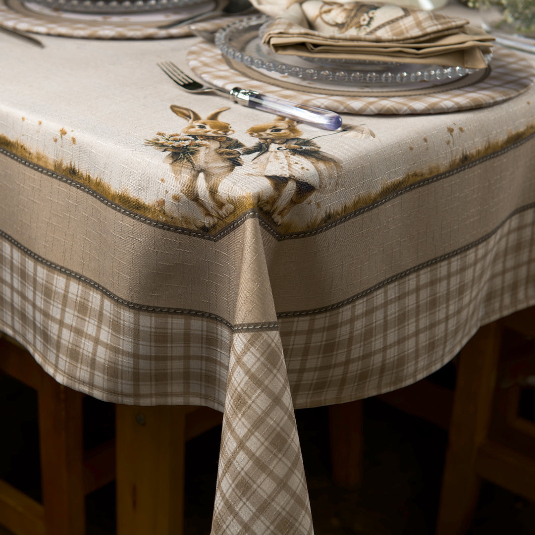 Toalha de Mesa Retangular Casal de Coelhos Páscoa 8 Lugares 140x270