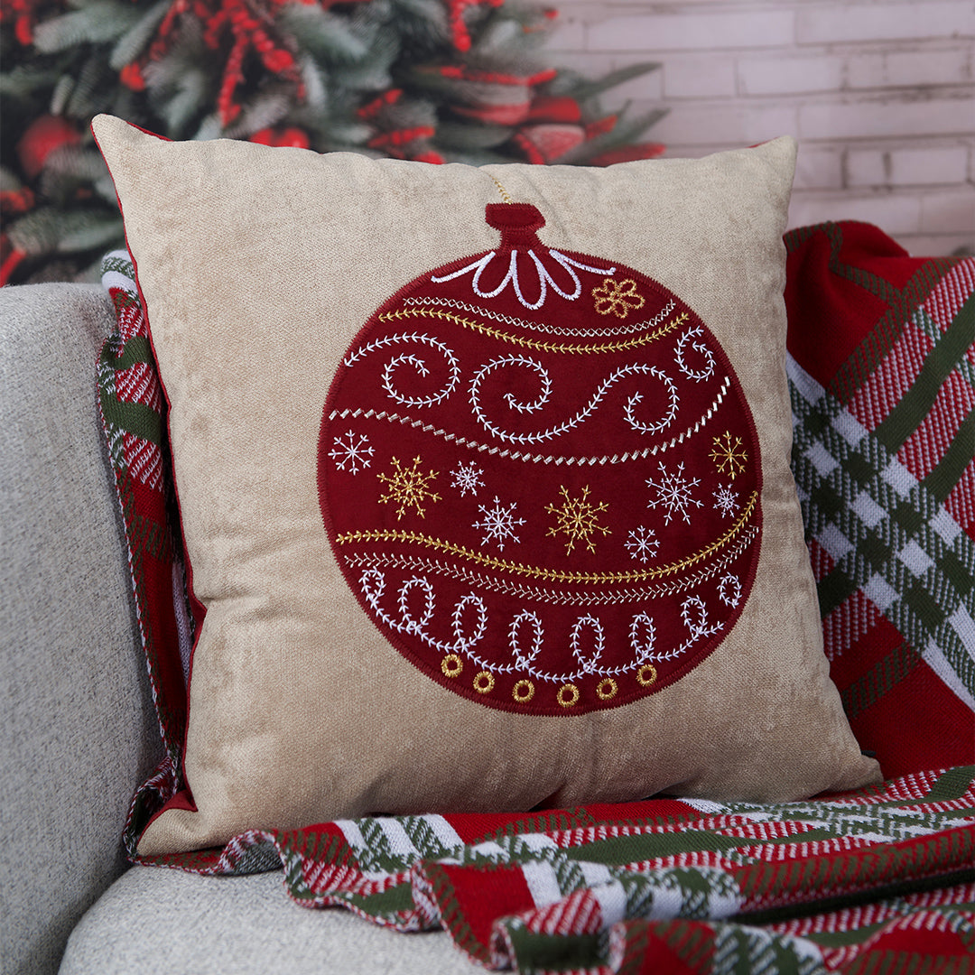 Capa Almofada Aveludada Bordada Enfeite Bola de Natal 43x43cm