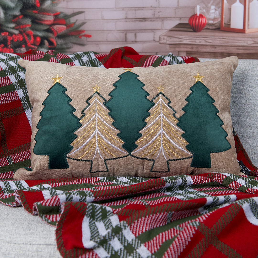Capa Almofada Aveludada Bordada Árvores de Natal Brilhante 35x55cm