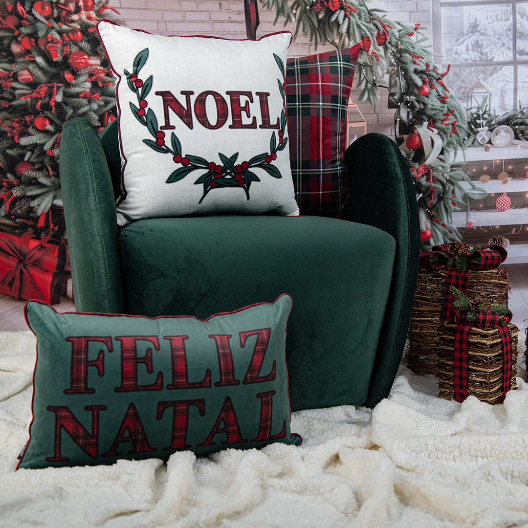 Capa Almofada Natalina Veludo Branco Papai Noel 50x50cm c/ Cordonê