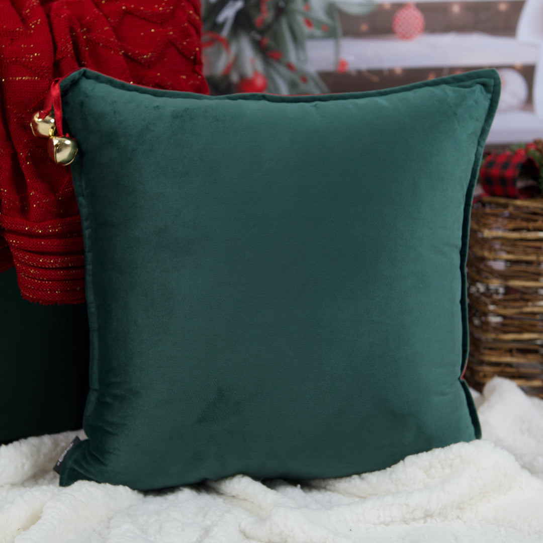 Capa Almofada Natalina Lisa Veludo Vermelho e Verde c/ Guizos 43x43cm