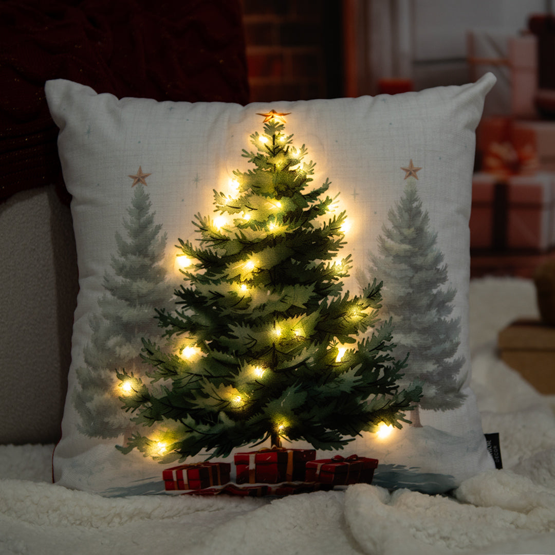 Capa Almofada Aveludada Árvore de Natal com Luzes em Led 43x43cm