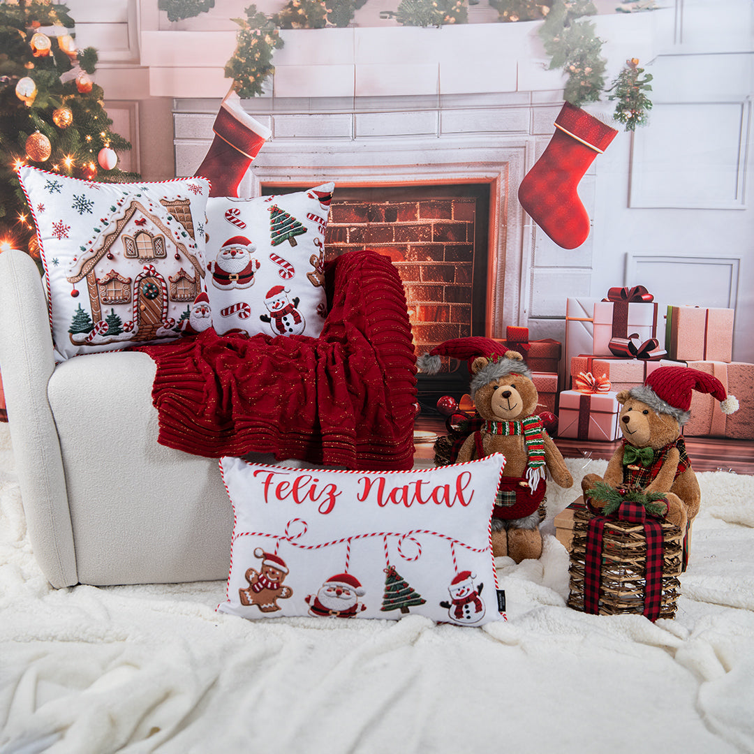 Capa Almofada Natalina Aveludada c/ Cordão de Bengala Doce 35x55cm