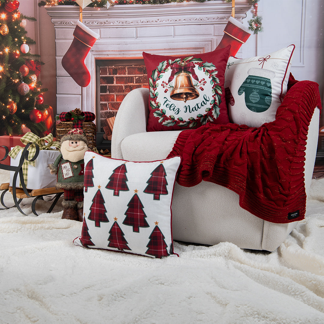 Capa Almofada Aveludada Árvore de Natal Xadrex 43x43cm c/ Cordonê