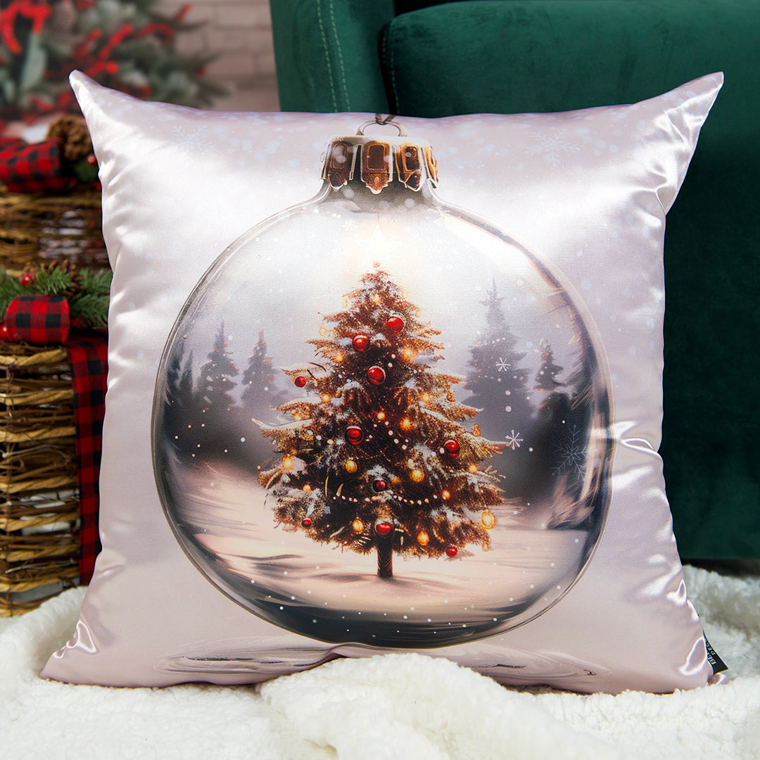 Capa Almofada Cetim Branco Champagne - Bola de Natal Globo de Neve 43x43cm