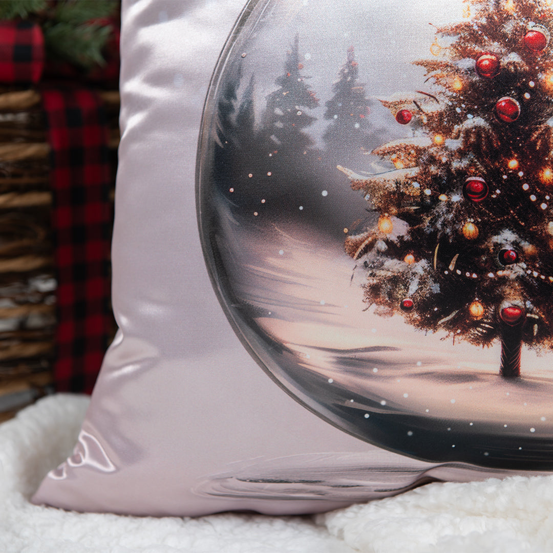 Capa Almofada Cetim Branco Champagne - Bola de Natal Globo de Neve 43x43cm