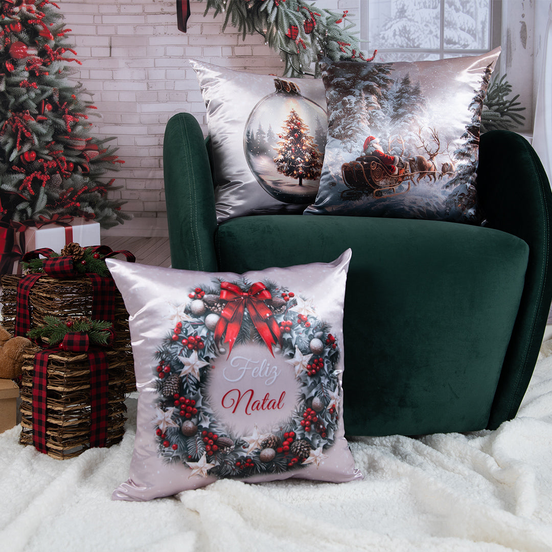 Capa Almofada Cetim Branco Champagne - Bola de Natal Globo de Neve 43x43cm