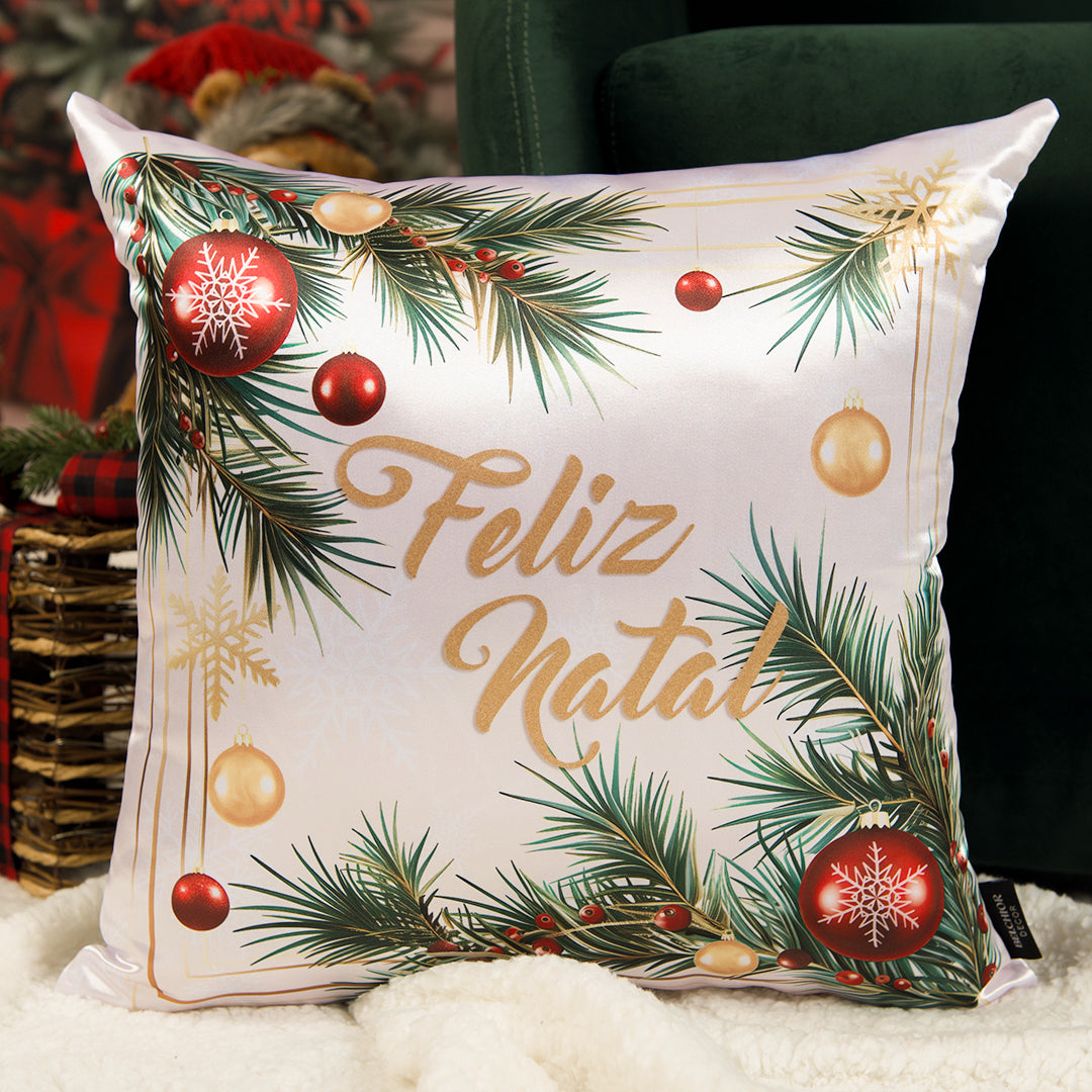 Capa Almofada Cetim Branco Champagne - Feliz Natal 43x43cm