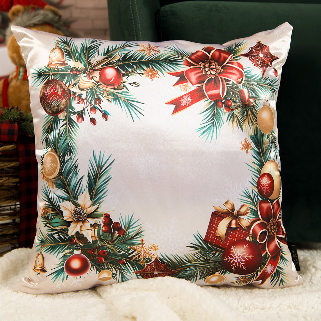 Capa Almofada Cetim Branco Champagne - Guirlanda c/ Enfeites de Natal 43x43cm