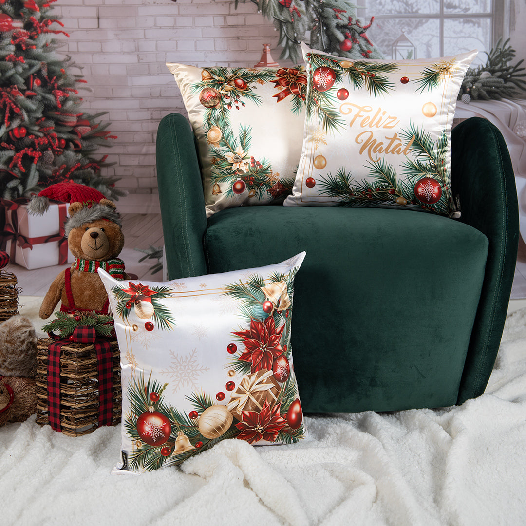 Capa Almofada Cetim Branco Champagne - Guirlanda c/ Enfeites de Natal 43x43cm