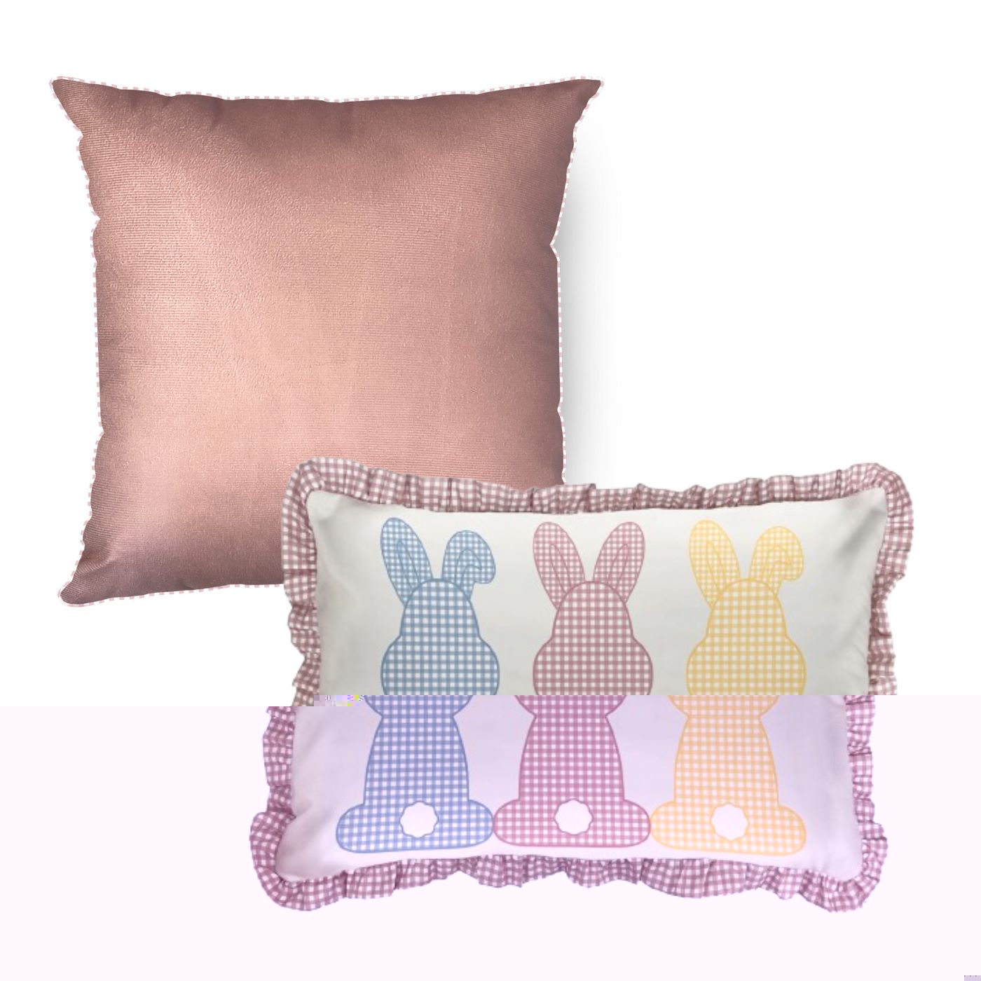 Kit 2 Capas Almofada Aveludada Coelhos Páscoa - com Babado e Cordonê