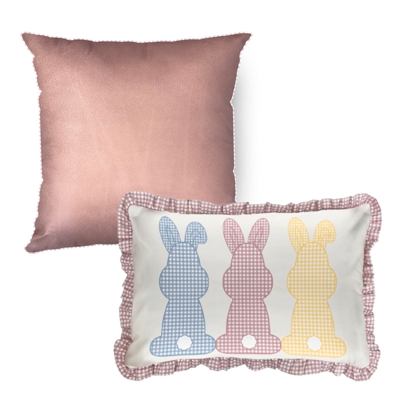 Kit 2 Capas Almofada Aveludada Coelhos Páscoa - com Babado e Cordonê