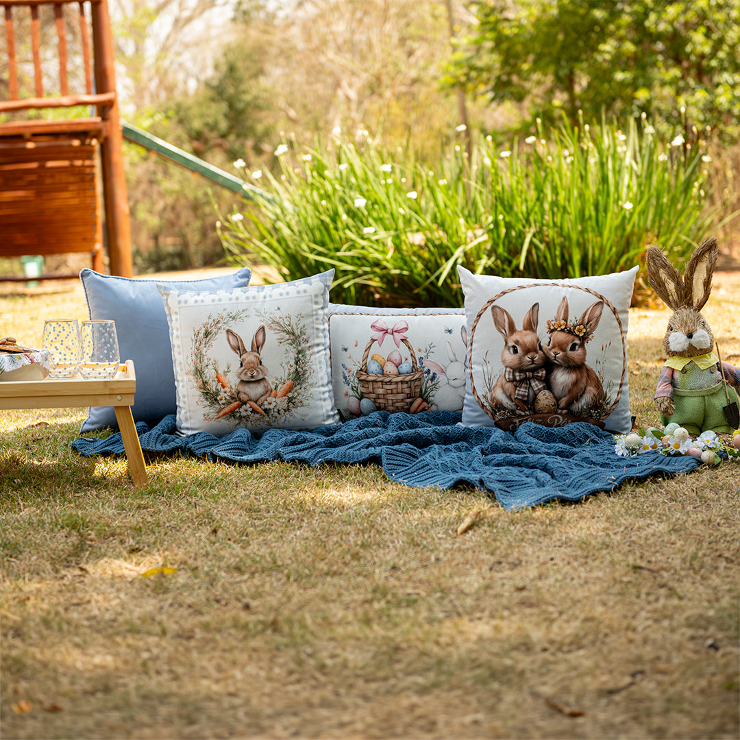 Kit 2 Capas de Almofada Veludo Páscoa - Família de Coelhos 43x43cm e 35x55cm