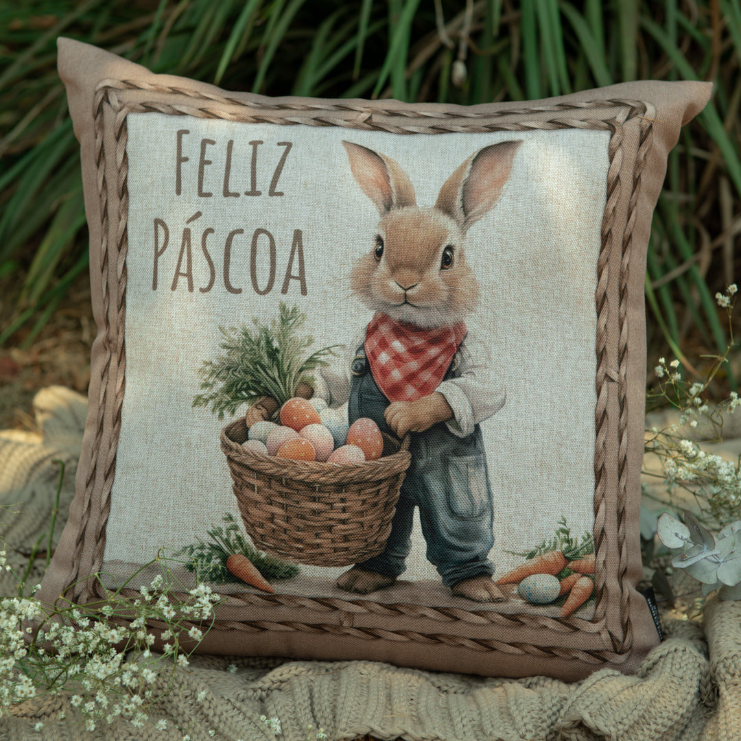 Kit 2 Capas de Almofada Páscoa Rústica - Coelho Fazendeiro 43x43cm
