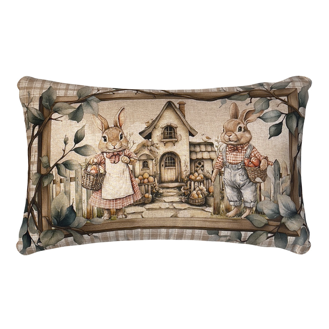 Kit 2 Capas de Almofada Páscoa Rústica - Casa Casal de Coelhos 43x43cm