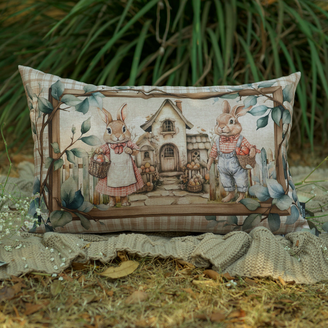 Kit 2 Capas de Almofada Páscoa Rústica - Casa Casal de Coelhos 43x43cm