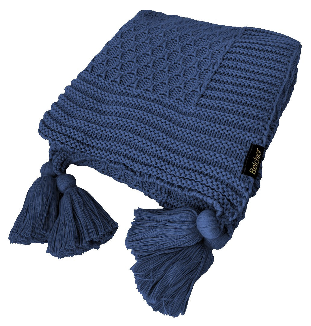 Manta Peseira de Tricot Azul jeans 90x180 cm com Tassel - Colméia