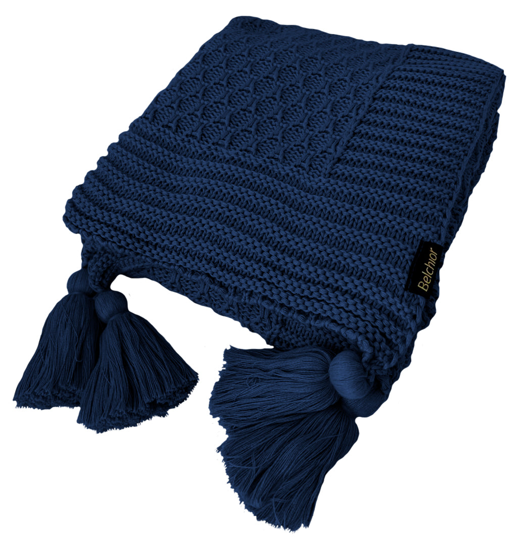 Manta Tricot Azul Marinho 90x180 cm com Tassel - Colméia