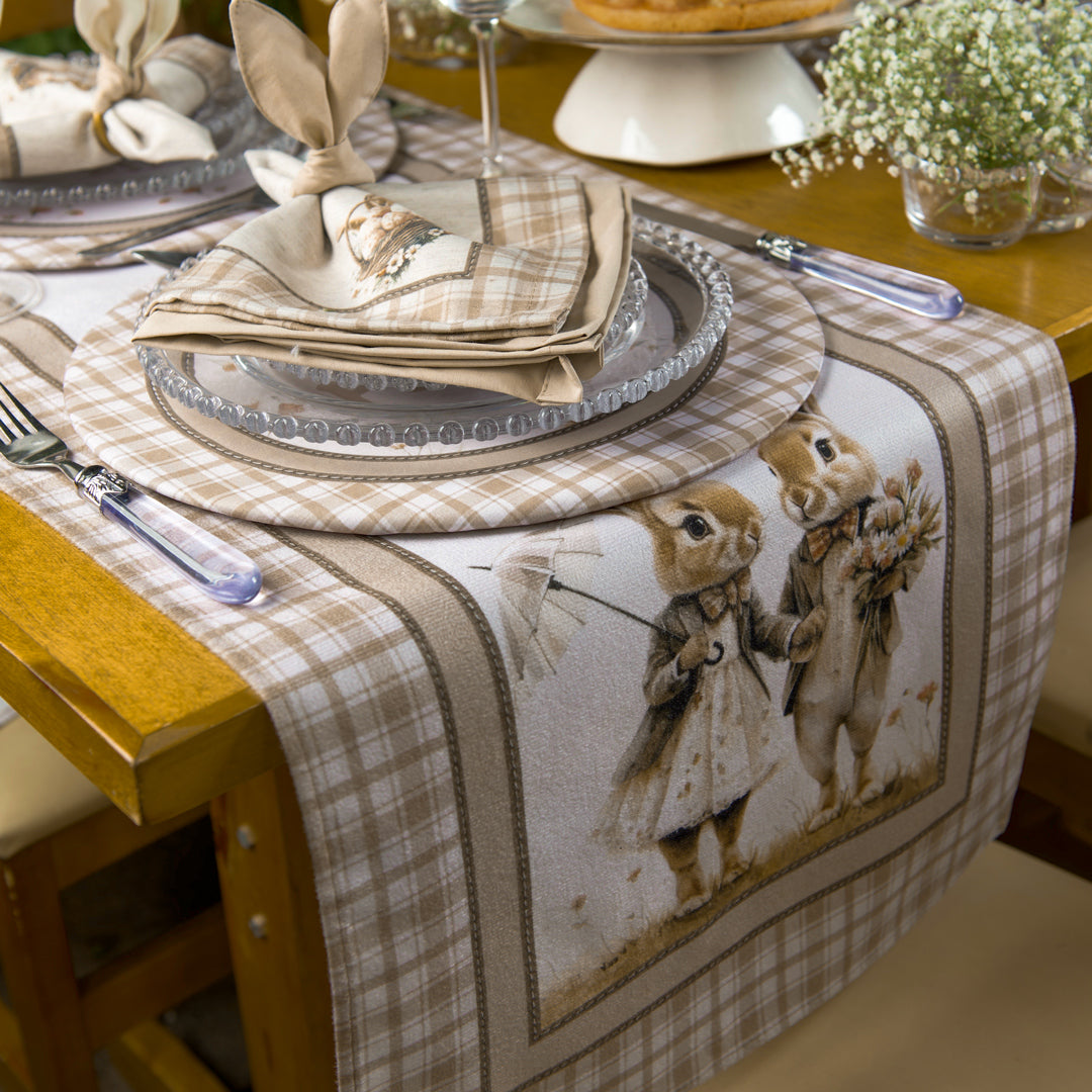 Caminho de Mesa Casal de Coelhos Páscoa 43x141cm