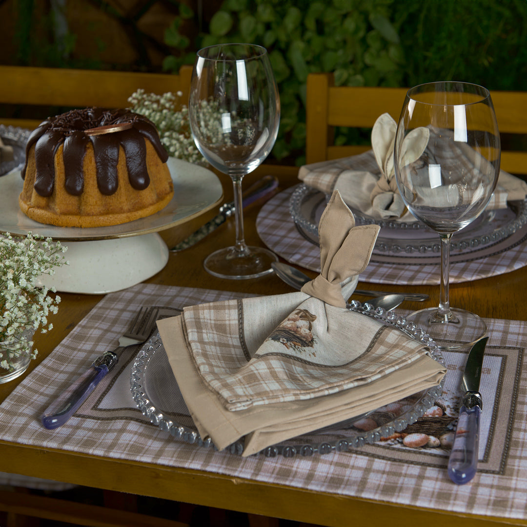 Kit 2 Guardanapos Linho Xadrez Cesta Ovos de Páscoa 40x40cm