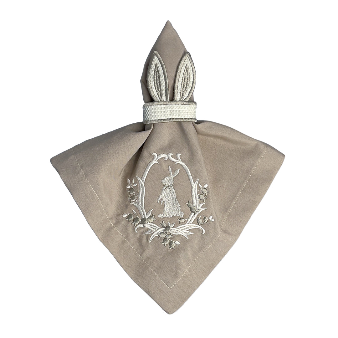 Kit 2 Guardanapo Bordado de Tecido Bege - Coelho da Páscoa 43x43cm