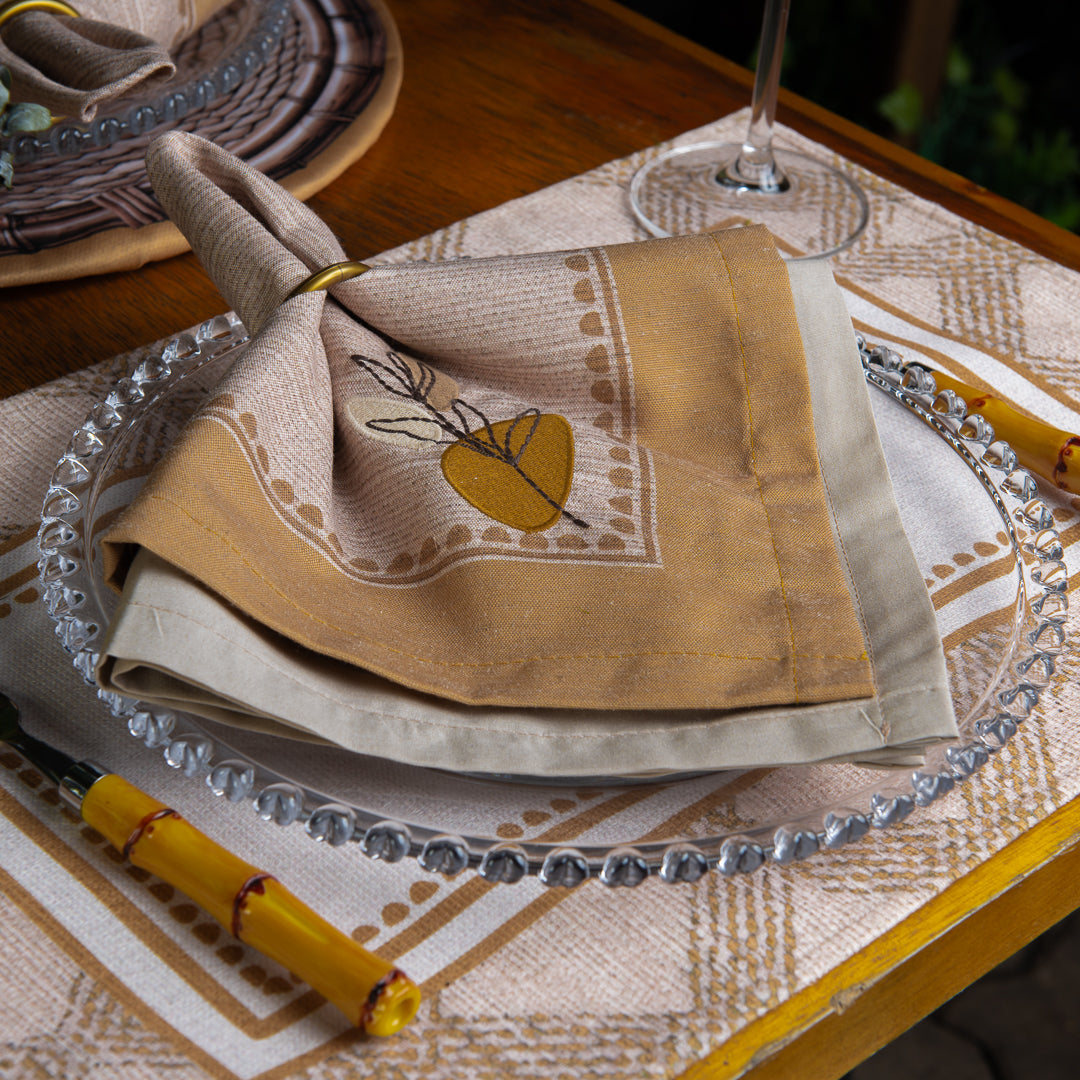 Kit 2 Guardanapos Linho Bordado Rustic Ambar 40x40 + 2 Argolas