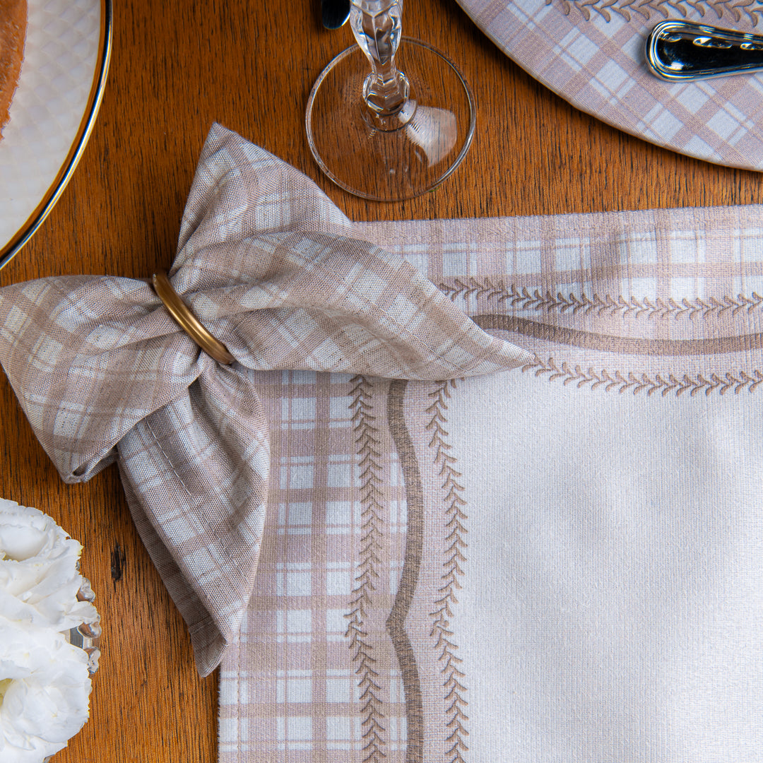 Kit 2 Guardanapos Linho Xadrez Bege 40x40 + 2 Argolas