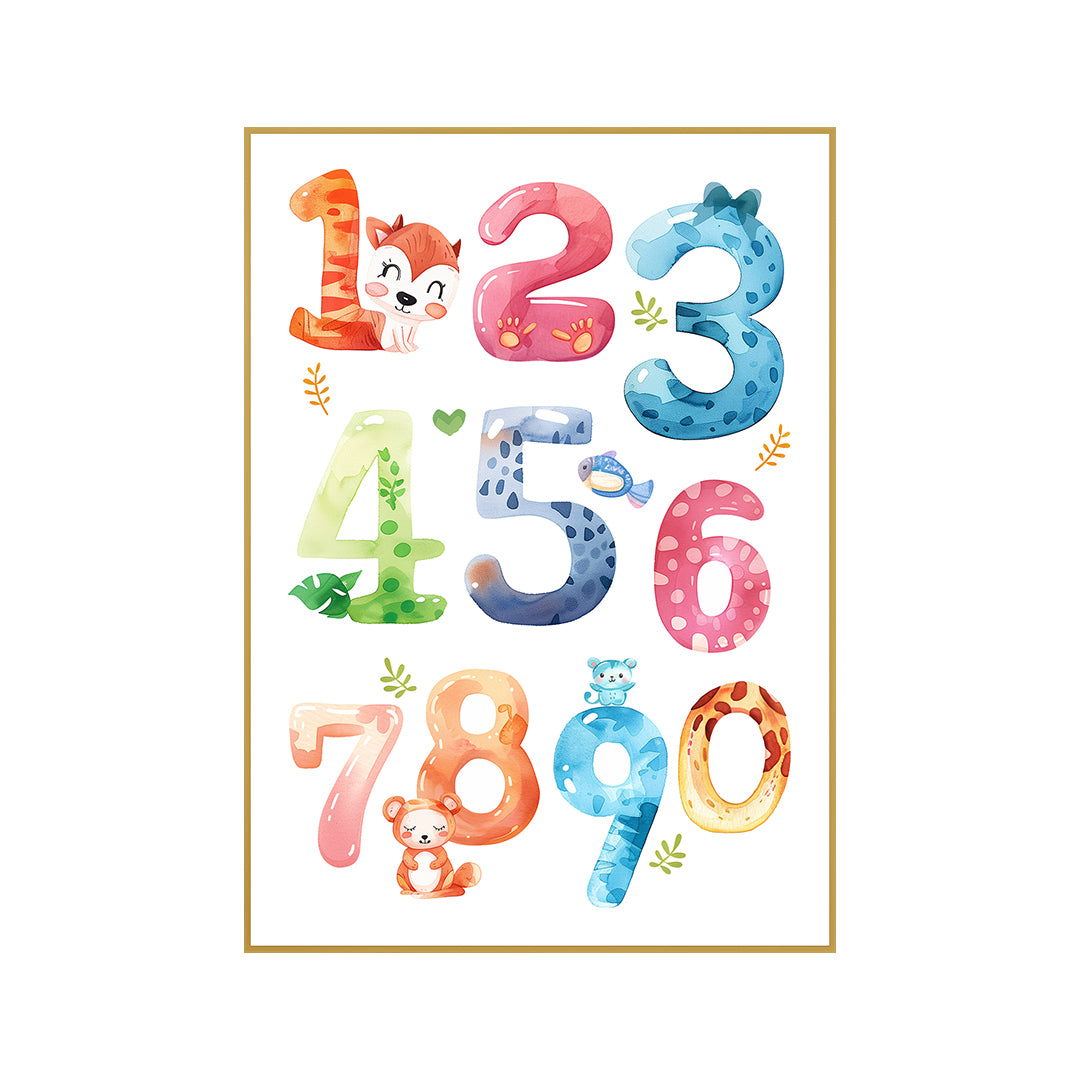 Quadro Infantil Números Tela Fosca Moldura Amadeirada - Pequeno 32x42cm