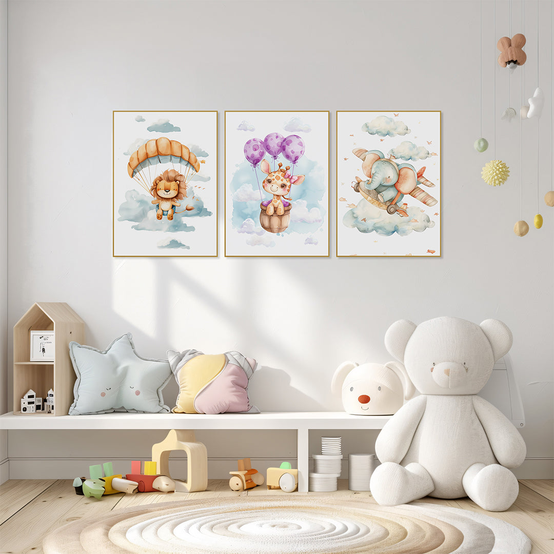 Quadro Infantil Elefante Tela Fosca Moldura Amadeirada - Pequeno 32x42cm