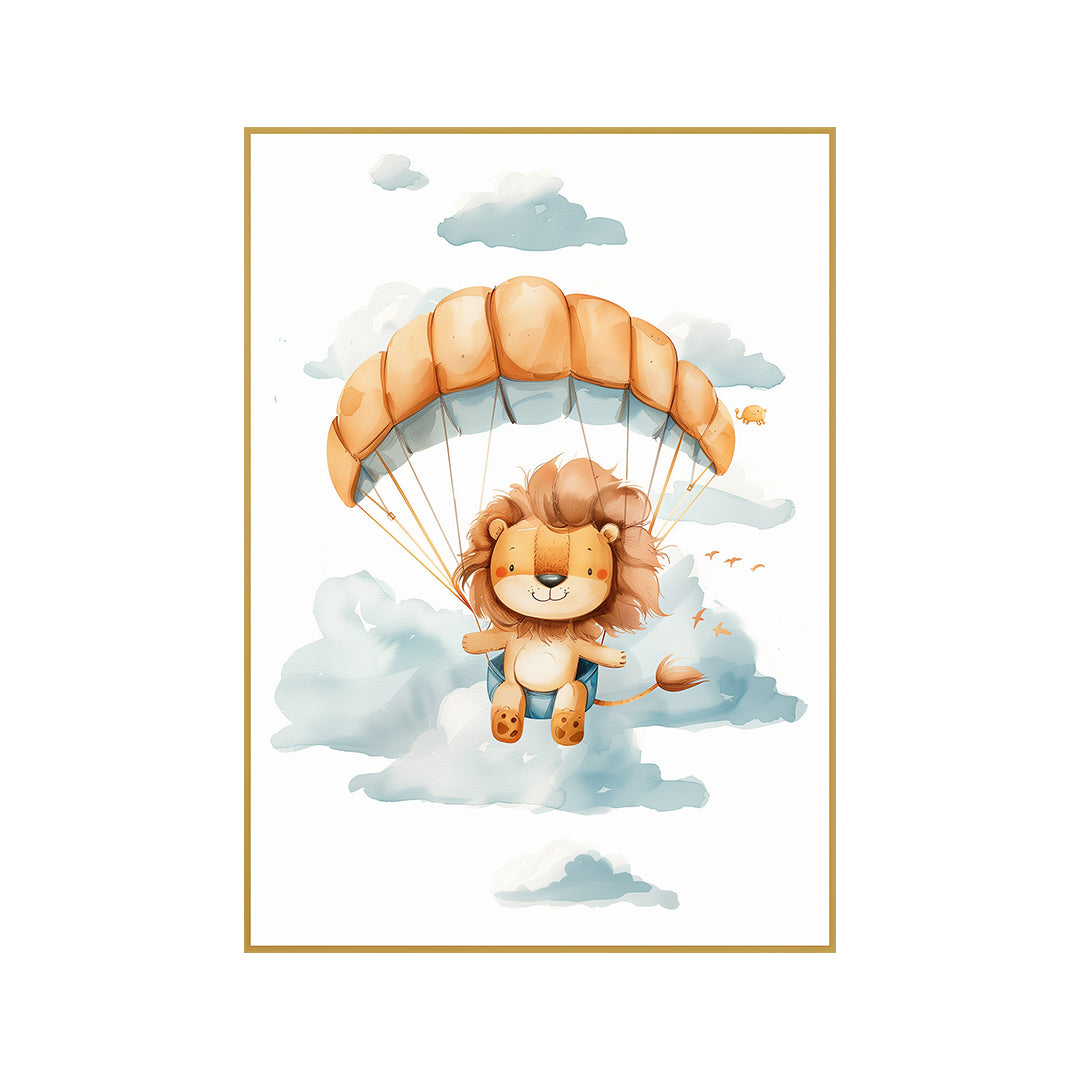 Quadro Infantil Leão Tela Fosca Moldura Amadeirada - Pequeno 32x42cm