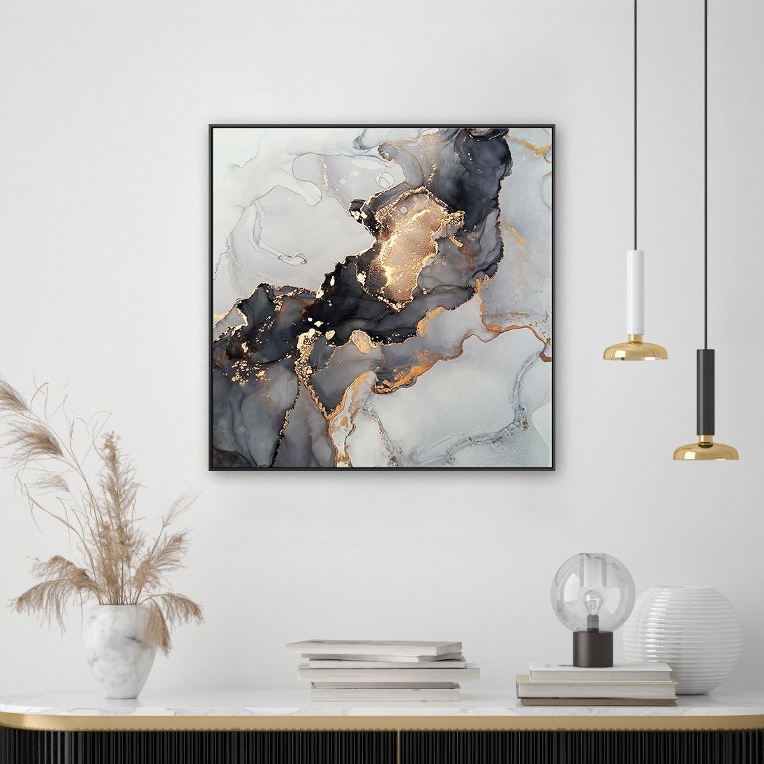 Quadro Abstrato Dourado Tela em Tecido Moldura 3D Preta - Médio 60x60cm