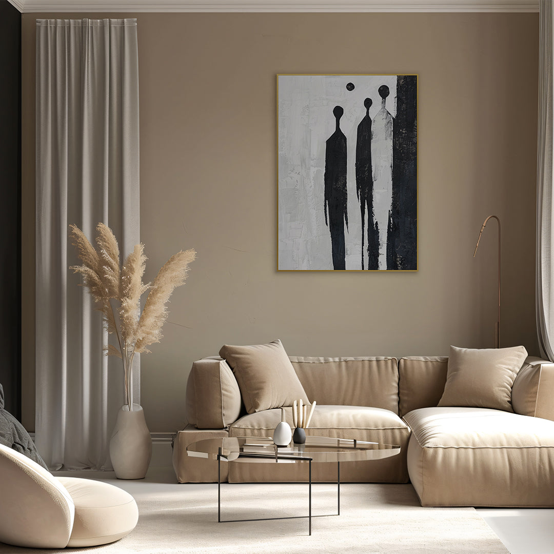 Quadro Boho Sombras Tela Fosca Moldura Amadeirada - Grande 80x100cm
