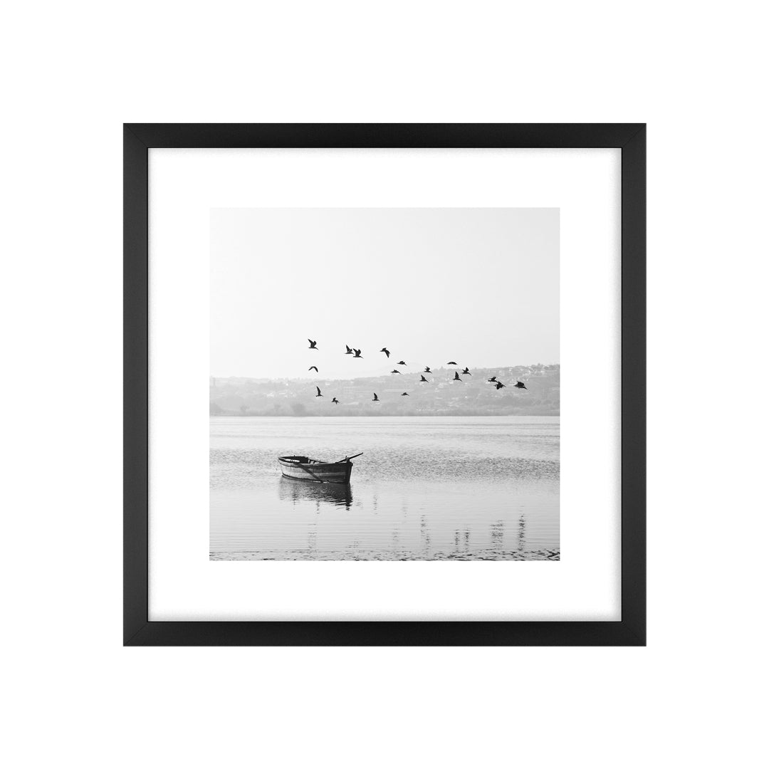 Quadro Pássaros Preto Branco Tela Fosca Moldura Preta - Pequeno 30x30cm