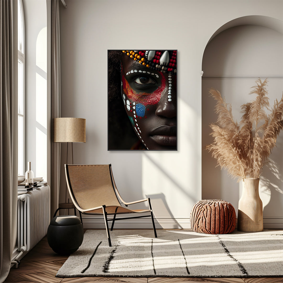 Quadro Mulher Africana Tela Fosca Moldura 3D Preta - Grande 80x120cm
