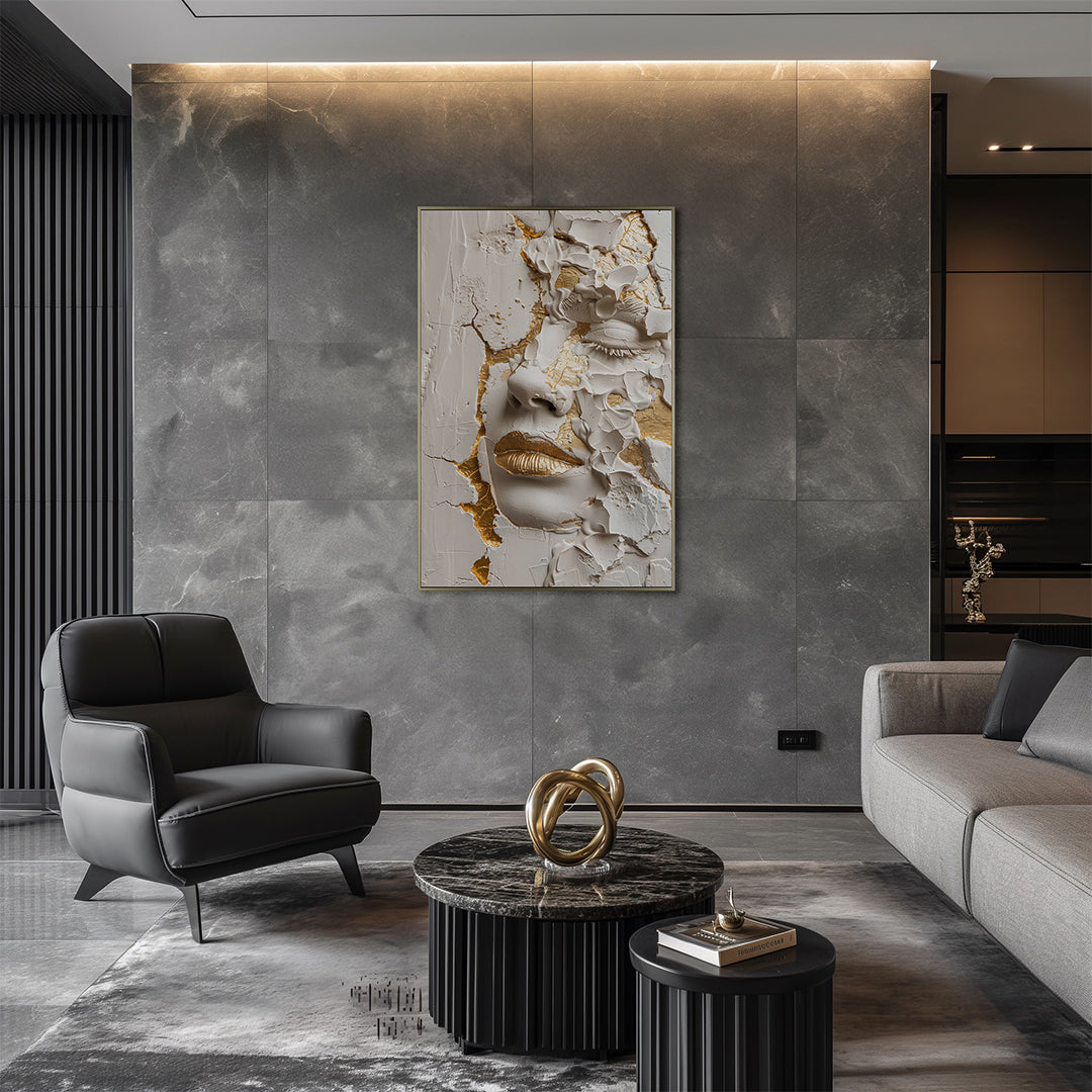 Quadro 3D Rosto Mulher Tela Fosca Moldura Ouro Antigo - Grande 80x120cm