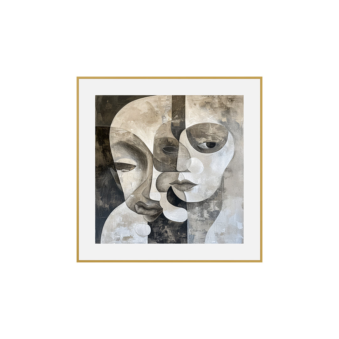 Quadro 3D Rostos Tela Fosca Moldura Amadeirado - Médio 78x78cm