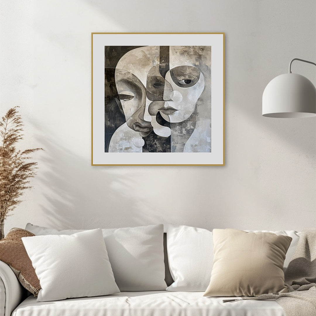 Quadro 3D Rostos Tela Fosca Moldura Amadeirado - Médio 78x78cm