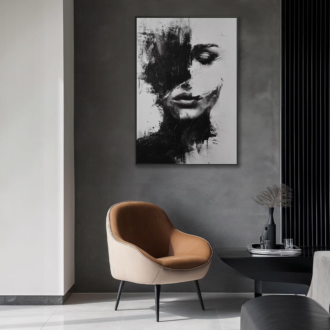 Quadro Busto Mulher Tela em Tecido Moldura 3D Preta - Grande 80x120cm