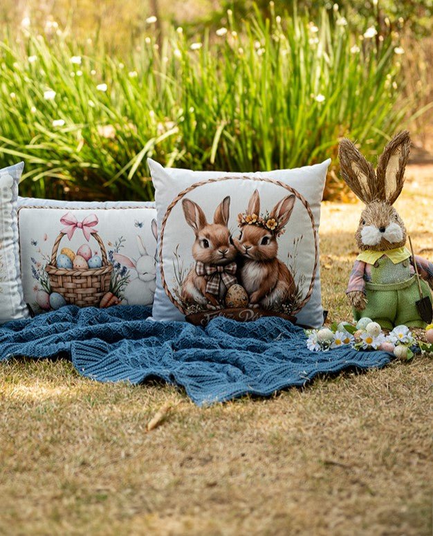 Kit 2 Capas de Almofada Veludo Páscoa - Família de Coelhos 43x43cm e 35x55cm