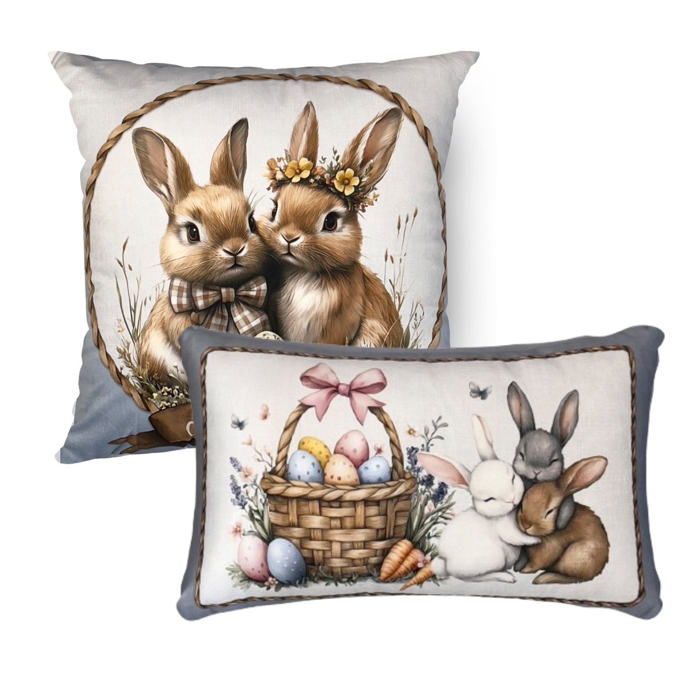 Kit 2 Capas de Almofada Veludo Páscoa - Família de Coelhos 43x43cm e 35x55cm