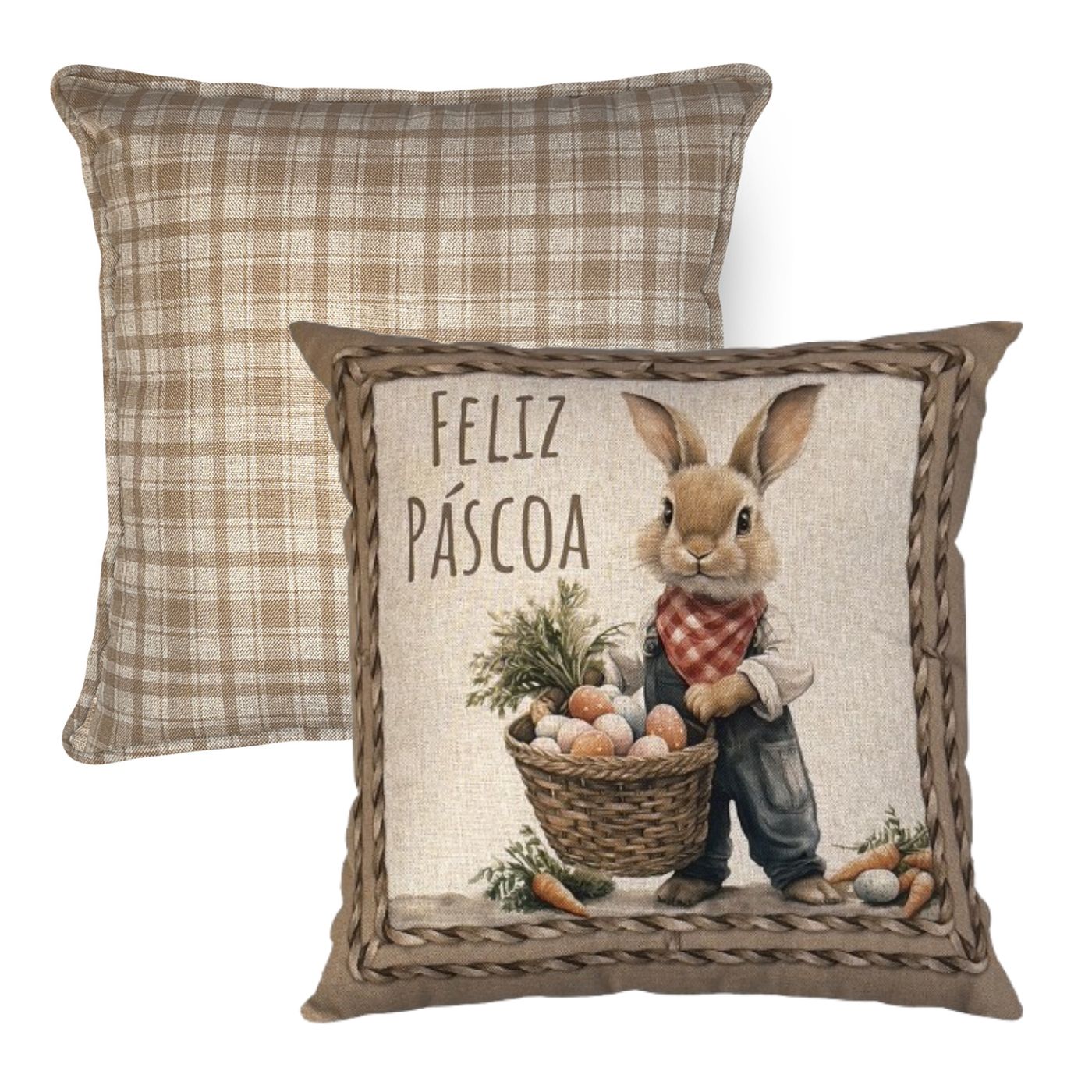 Kit 2 Capas de Almofada Páscoa Rústica - Coelho Fazendeiro 43x43cm