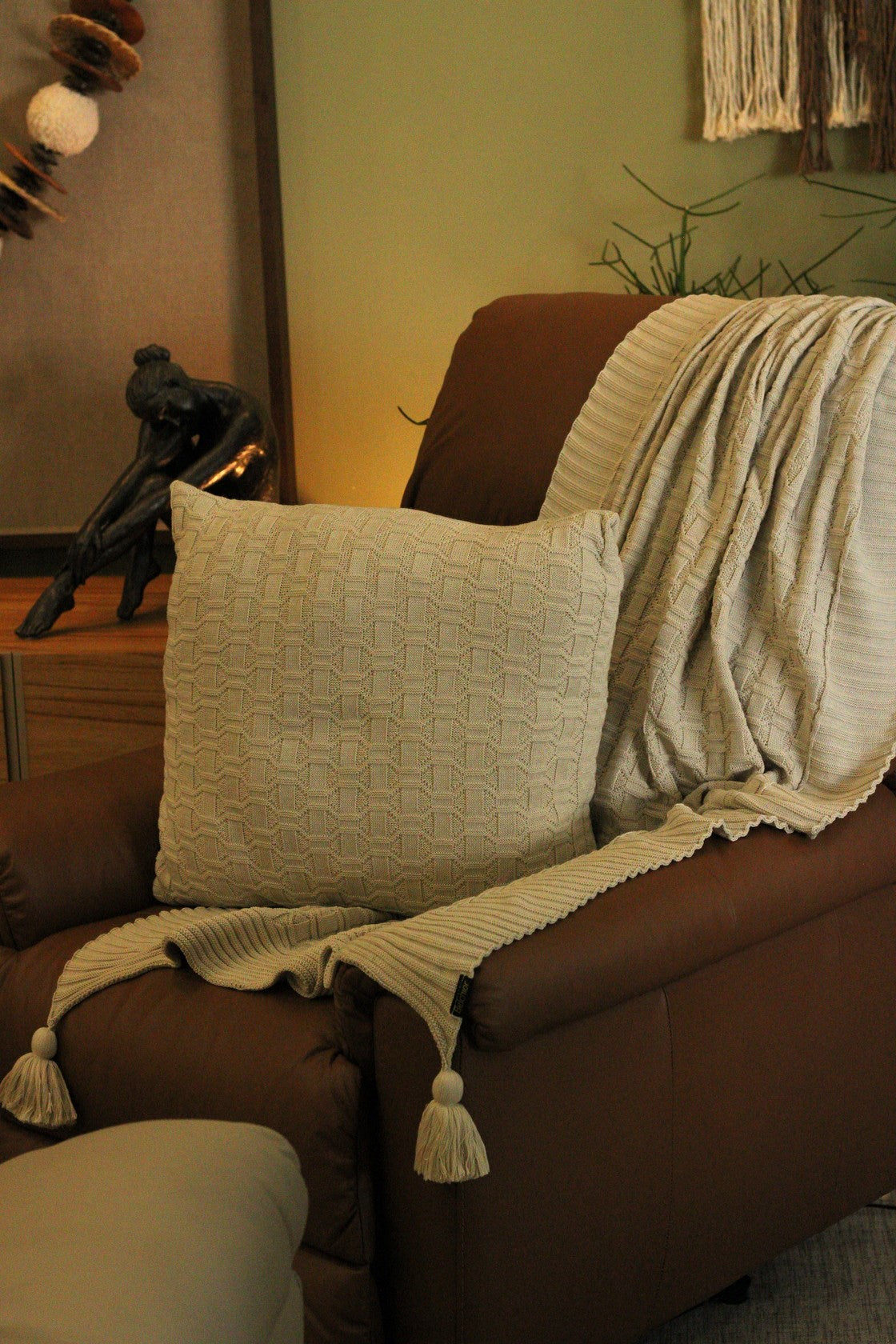 Manta Peseira de Tricot Natural 90x180 cm com Tassel - Colméia