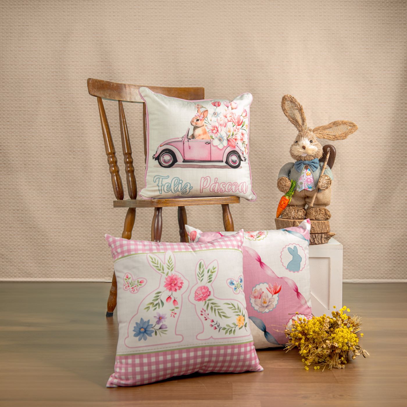 Capa Almofada Veludo Páscoa Coelho Laços Branca 43x43cm